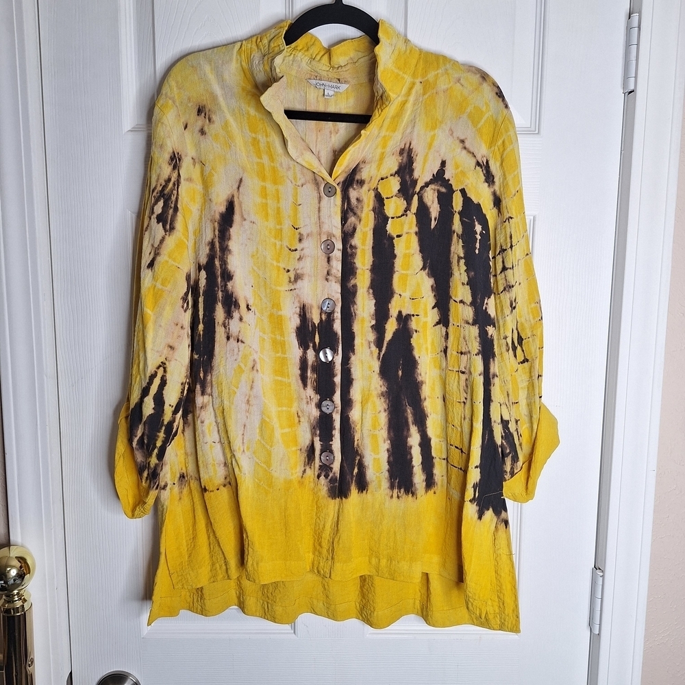 John Mark Yellow and Black Tie-Dye Button Down Shirt Size Large